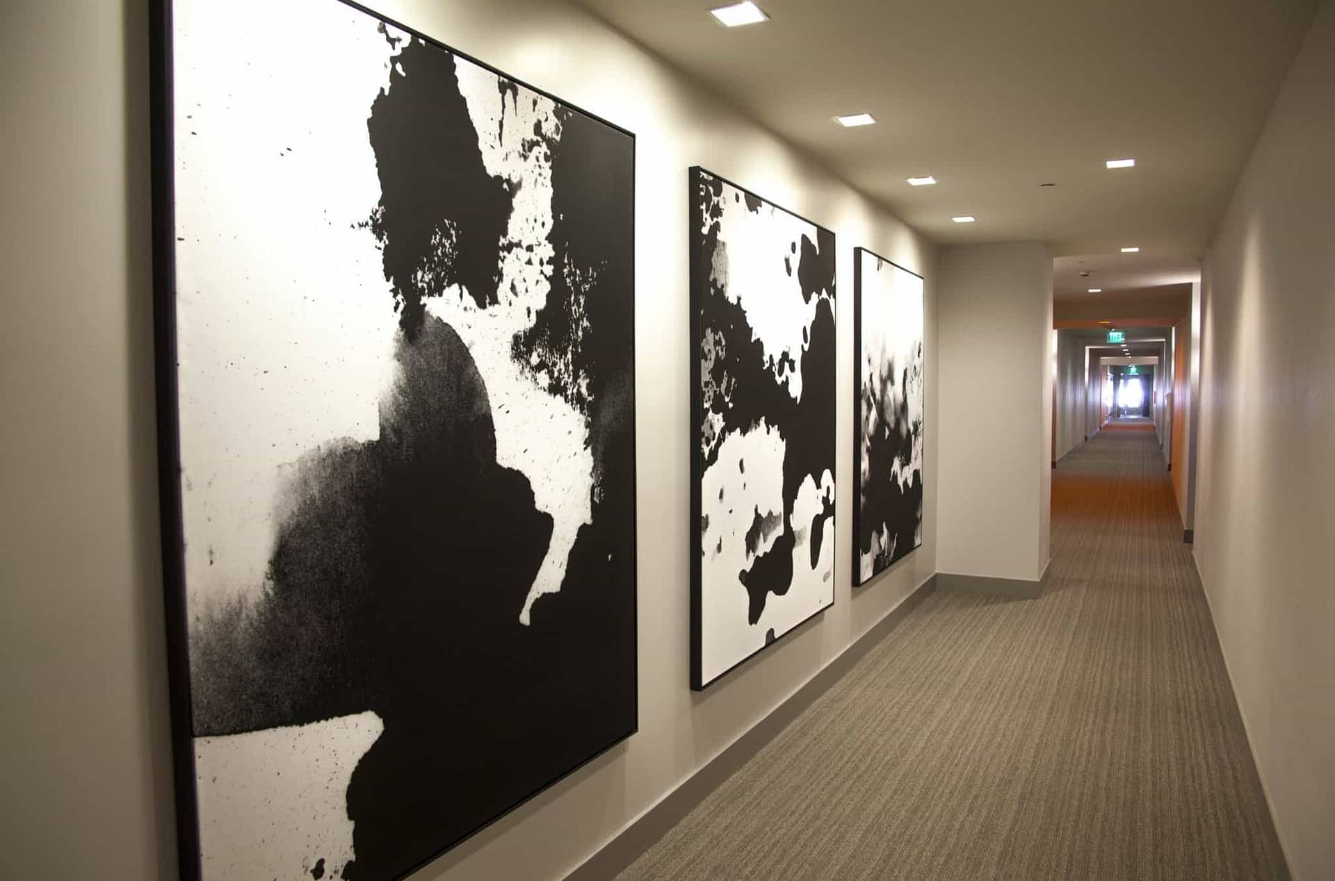 multifamily art consultants black and white abstract canvas hallway corridor multifamily apartment 